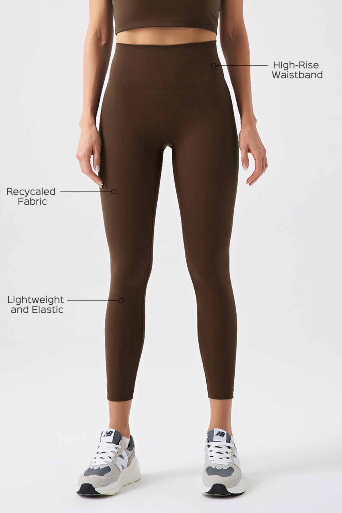 Eco-Friendly Classic High-Waisted 7/8 Workout Leggings Brown Recycaled Fabric, Lightweight and Elastic