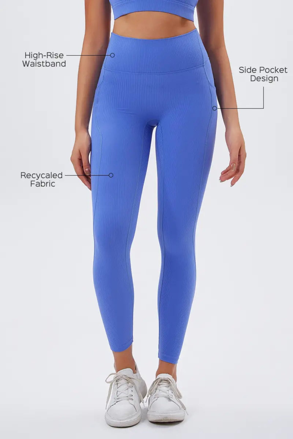 Eco-friendly High-Waisted Leggings with Side Pockets Slate Blue Recycaled Fabric