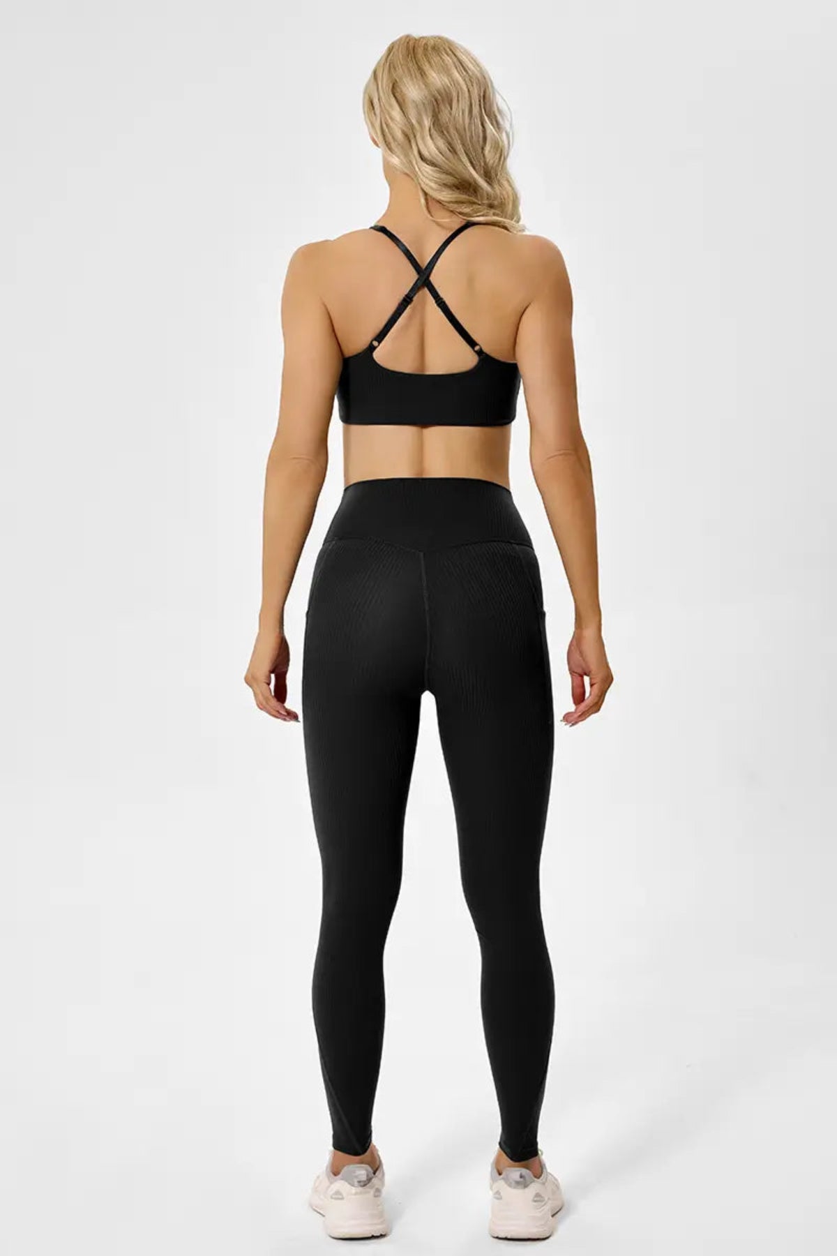 Eco-friendly High-Waisted Leggings with Side Pockets Black back view