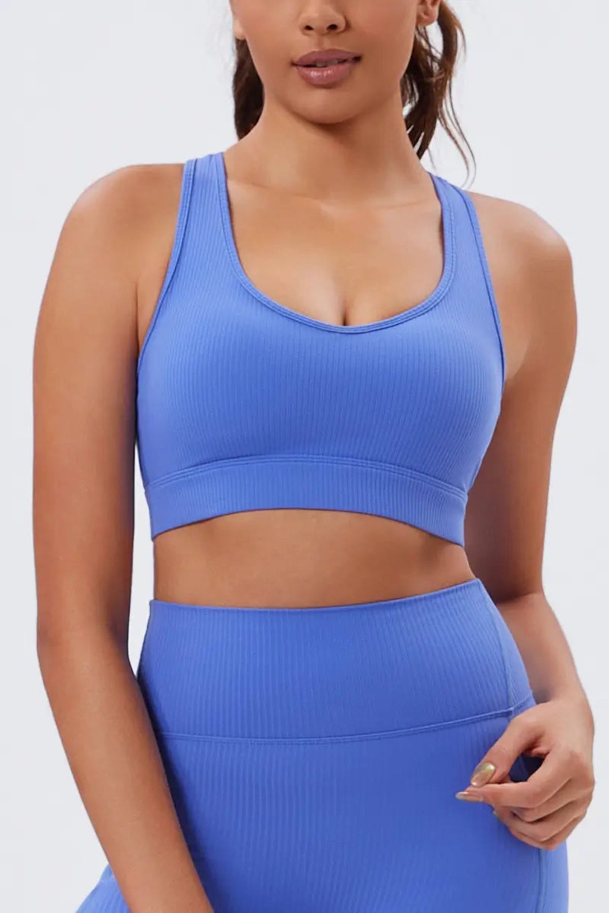 Eco-Friendly Crisscross Back women's gym Bra Slate Blue close-up from the front