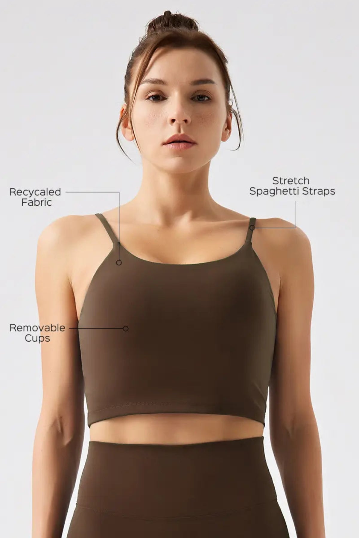 Eco-Friendly Women's Thin-Strap Sports Tank Top Brown Recycaled Fabric, Stretch Spaghetti Straps, Removable Cups