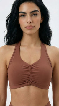 Eco-Friendly V-Neck Slim Strap Sports Bra Brown Front View
