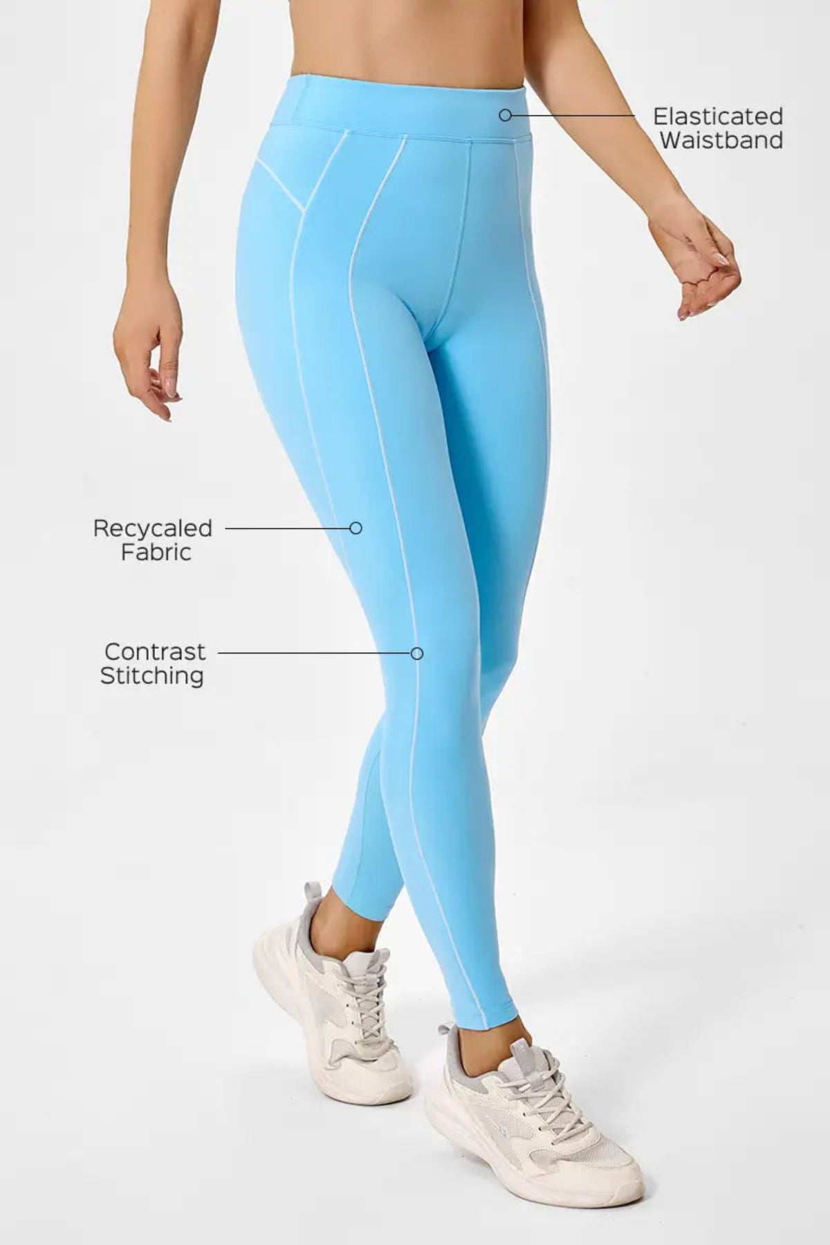Color-Block High-Waisted Leggings Sky Blue Fabric description, including Elasticated Waistband, Recycaled Fabric and Contrast Stitching
