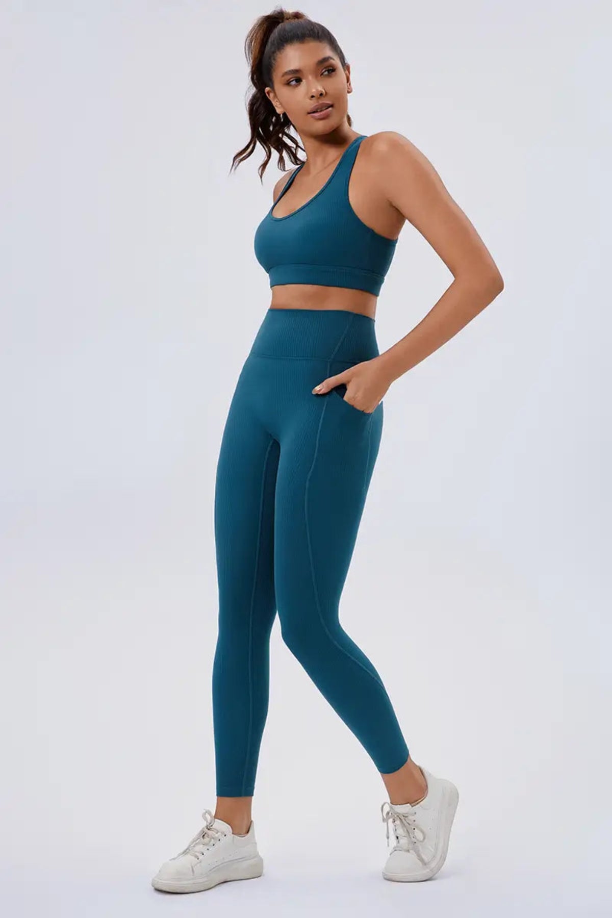 Eco-friendly High-Waisted Leggings with Side Pockets Navy Blue view on the left front
