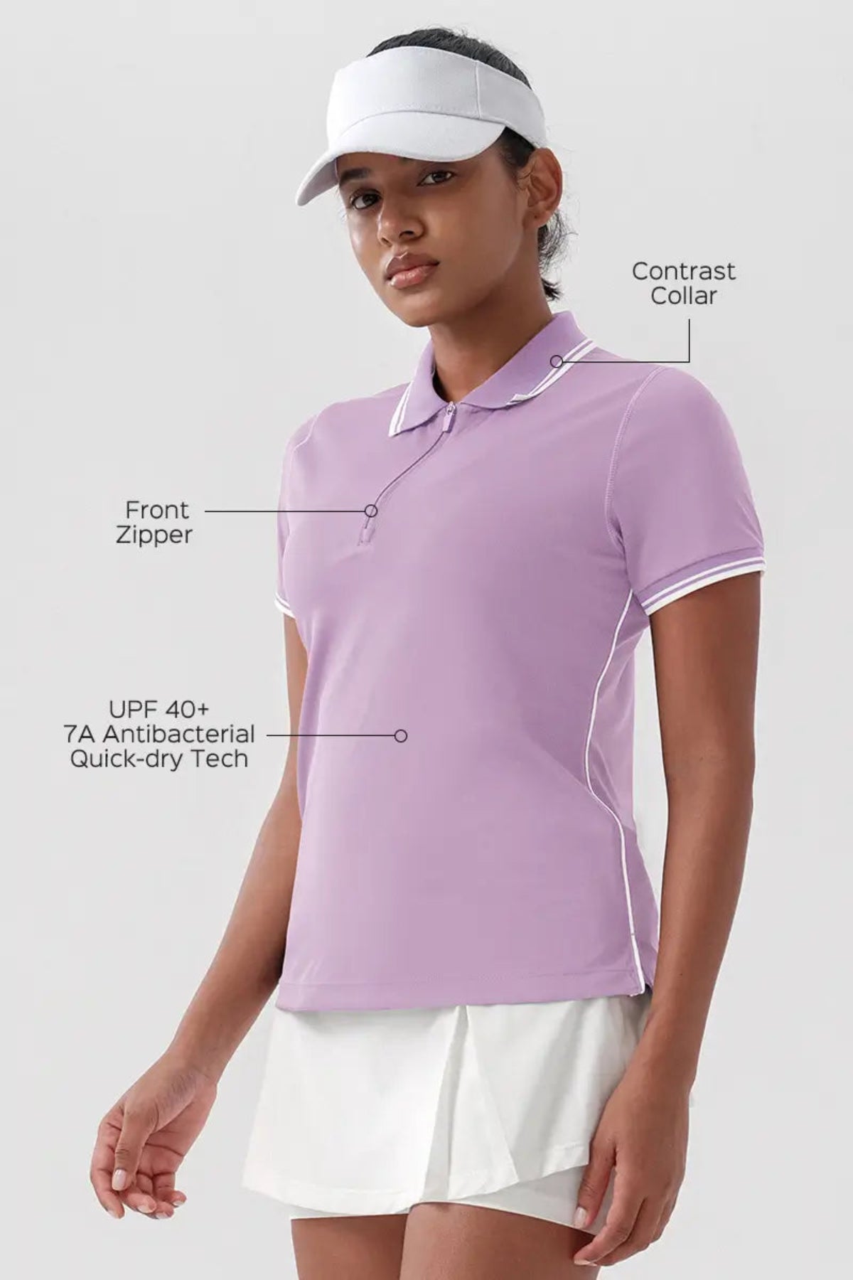 Women's Quick-Dry Tennis Polo Shirt Pale Lilac Contrast Collar, Front Zipper, UPF 40+ 7A Antibacterial Quick-dry Tech