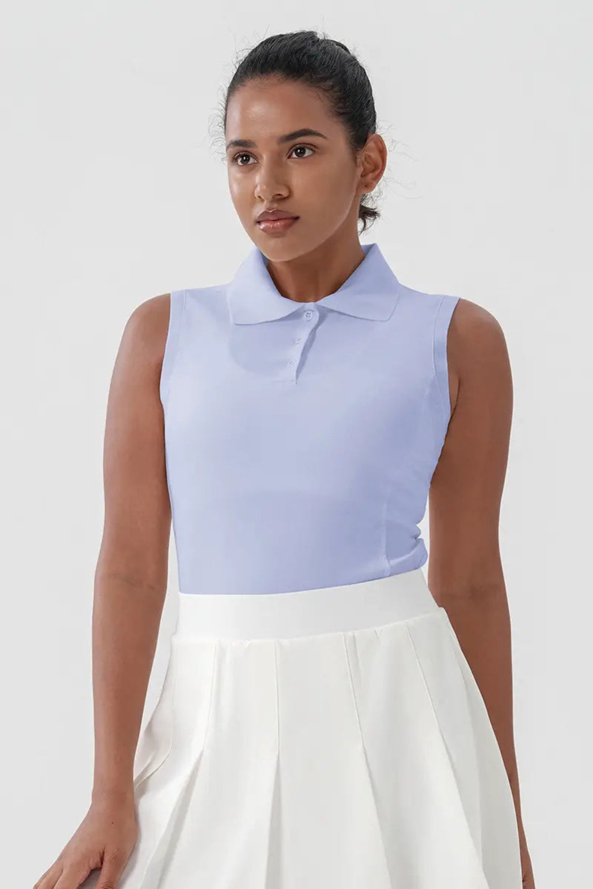 Sleeveless Golf & Tennis Polo shirt Women's Ethereal Blue close-up from the front