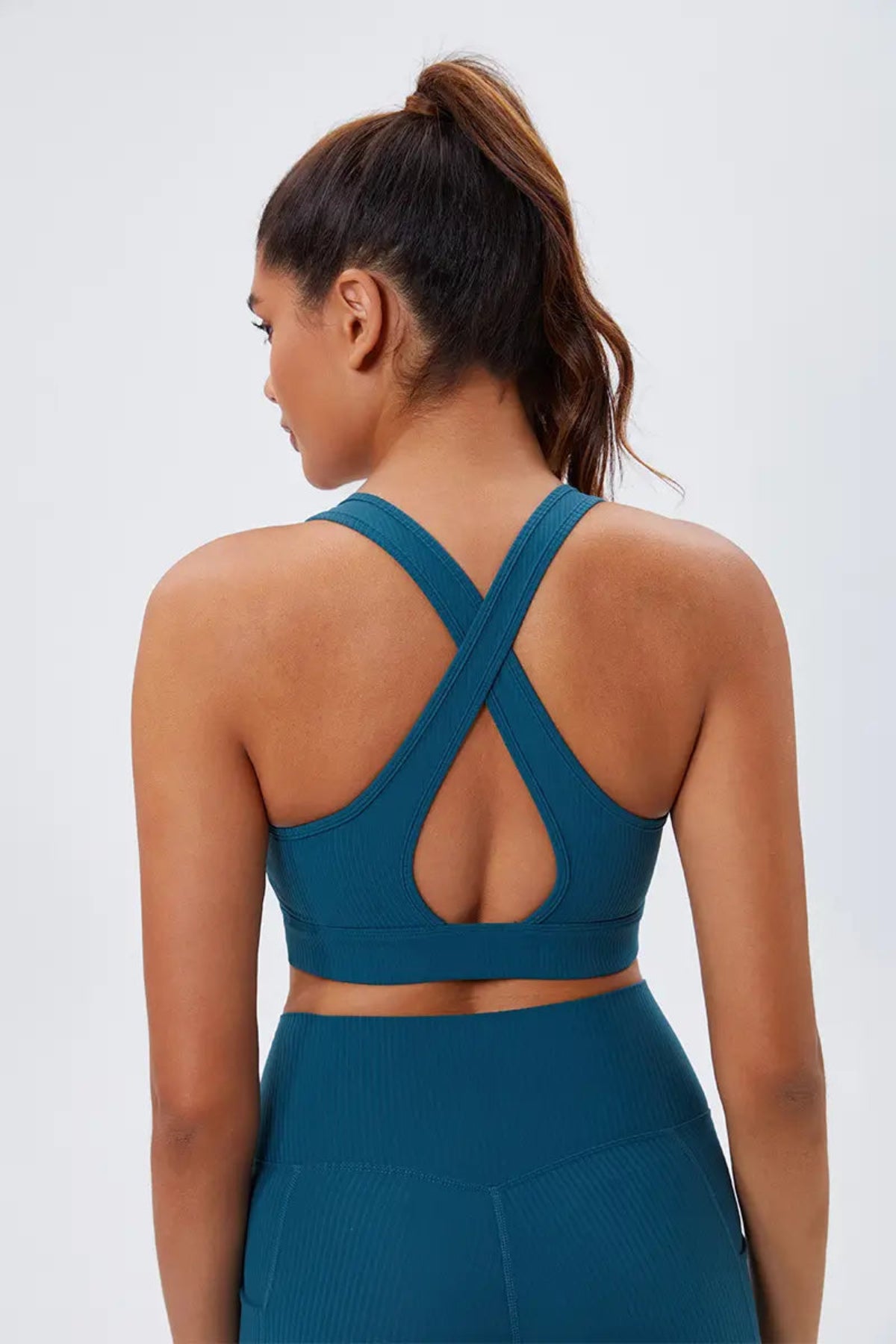 Eco-Friendly Crisscross Back women's gym Bra Navy Blue back view