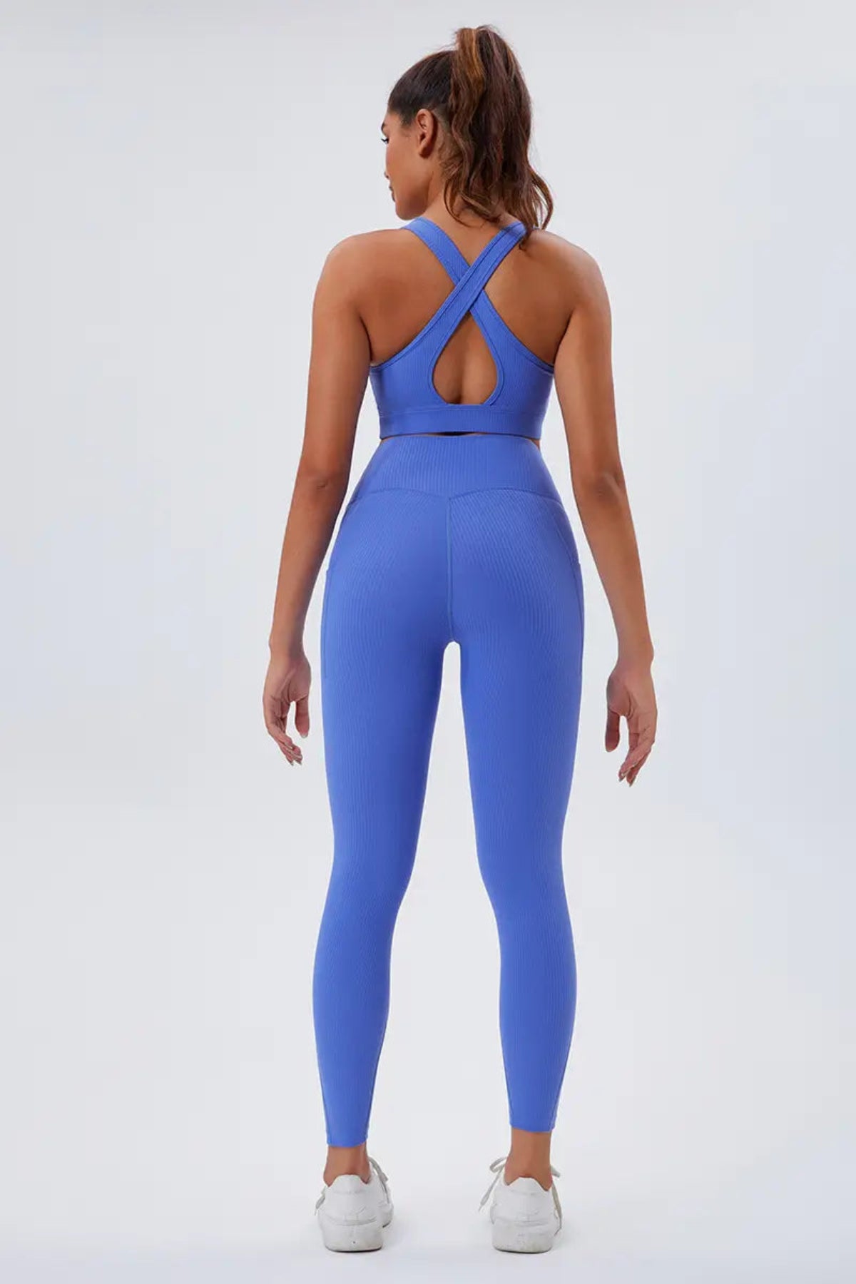 Eco-Friendly Crisscross Back women's gym Bra Slate Blue Back Full Body Outfit Display