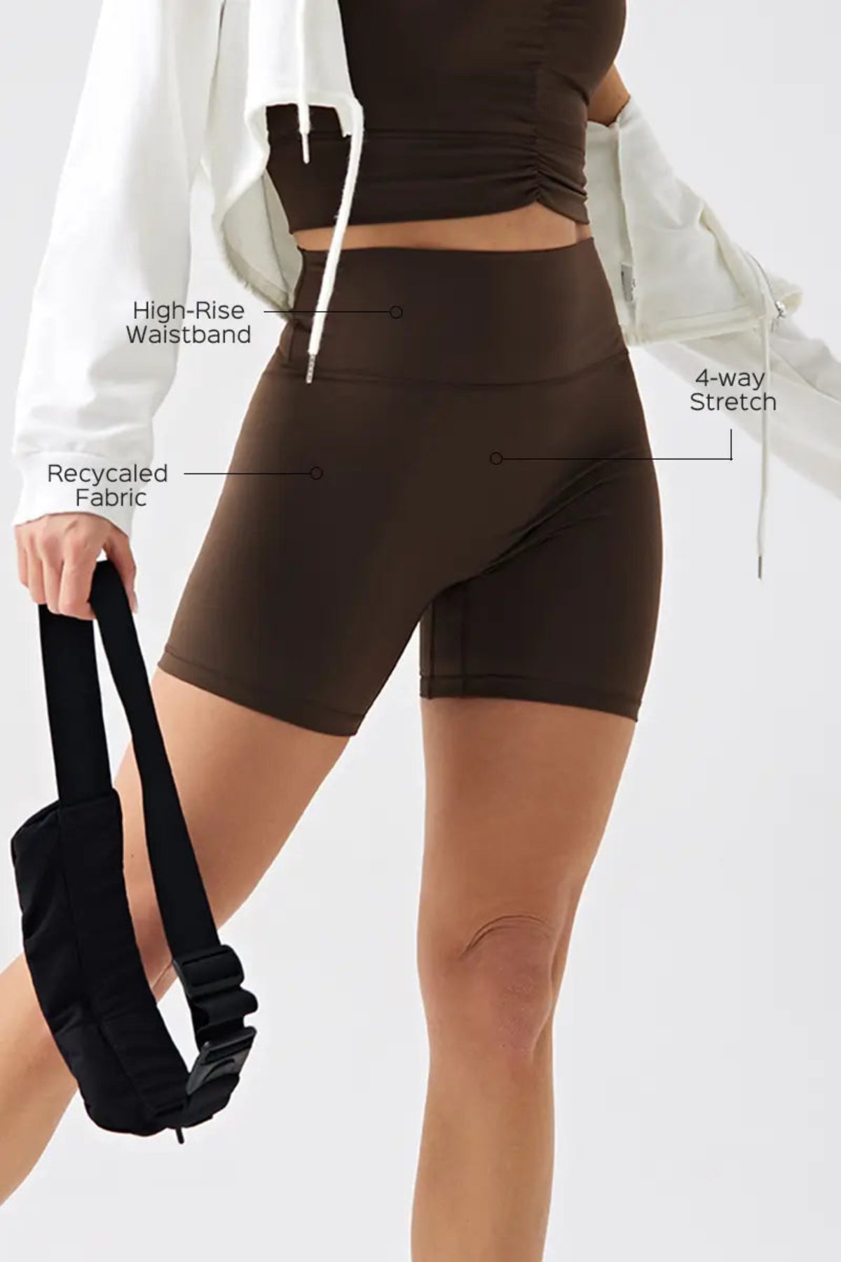 Eco-Friendly High-Waist Basic Women's Workout Shorts Brown 4-way Stretch, Recycaled Fabric