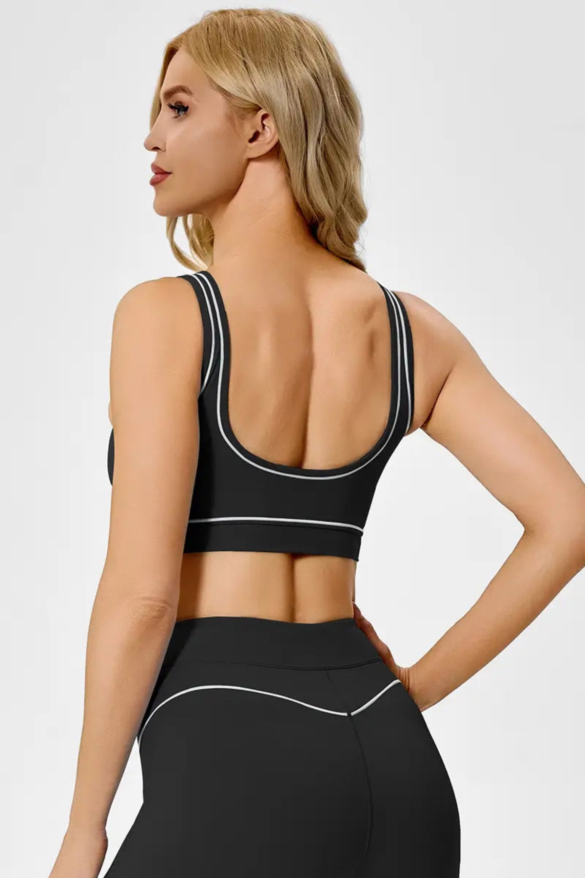 Sustainable Contrast-Stripe Sports Bra Jet Black Back View