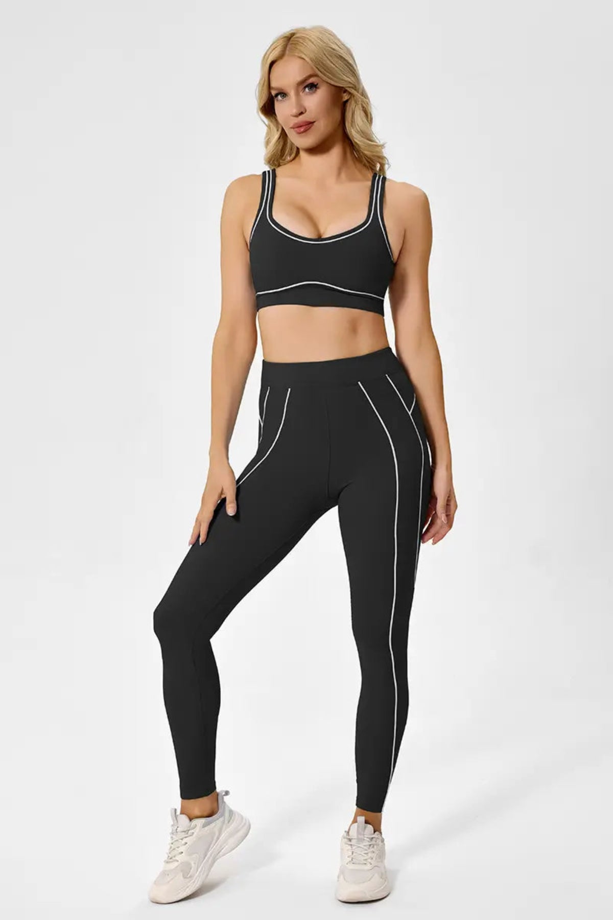 Sustainable Contrast-Stripe Sports Bra Jet Black Full outfit display from the front