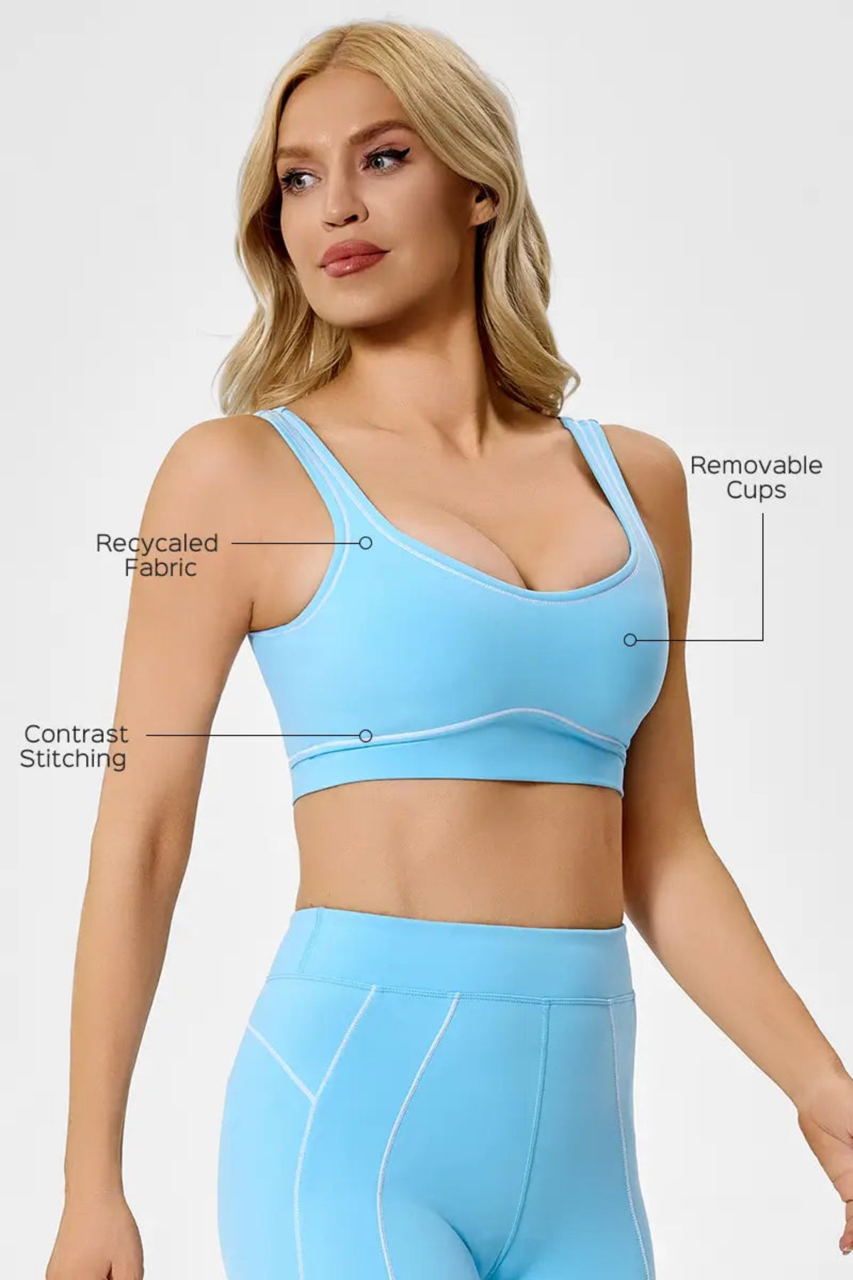 Sustainable Contrast-Stripe Sports Bra Sky Blue Fabric introduction, Removable Cups, Recycaled Fabric, Contrast Stitching