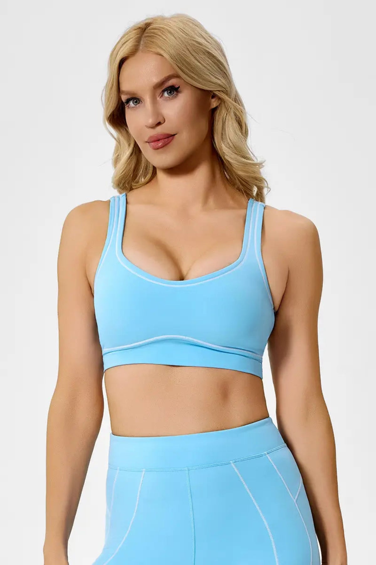 Sustainable Contrast-Stripe Sports Bra Sky Blue Front View