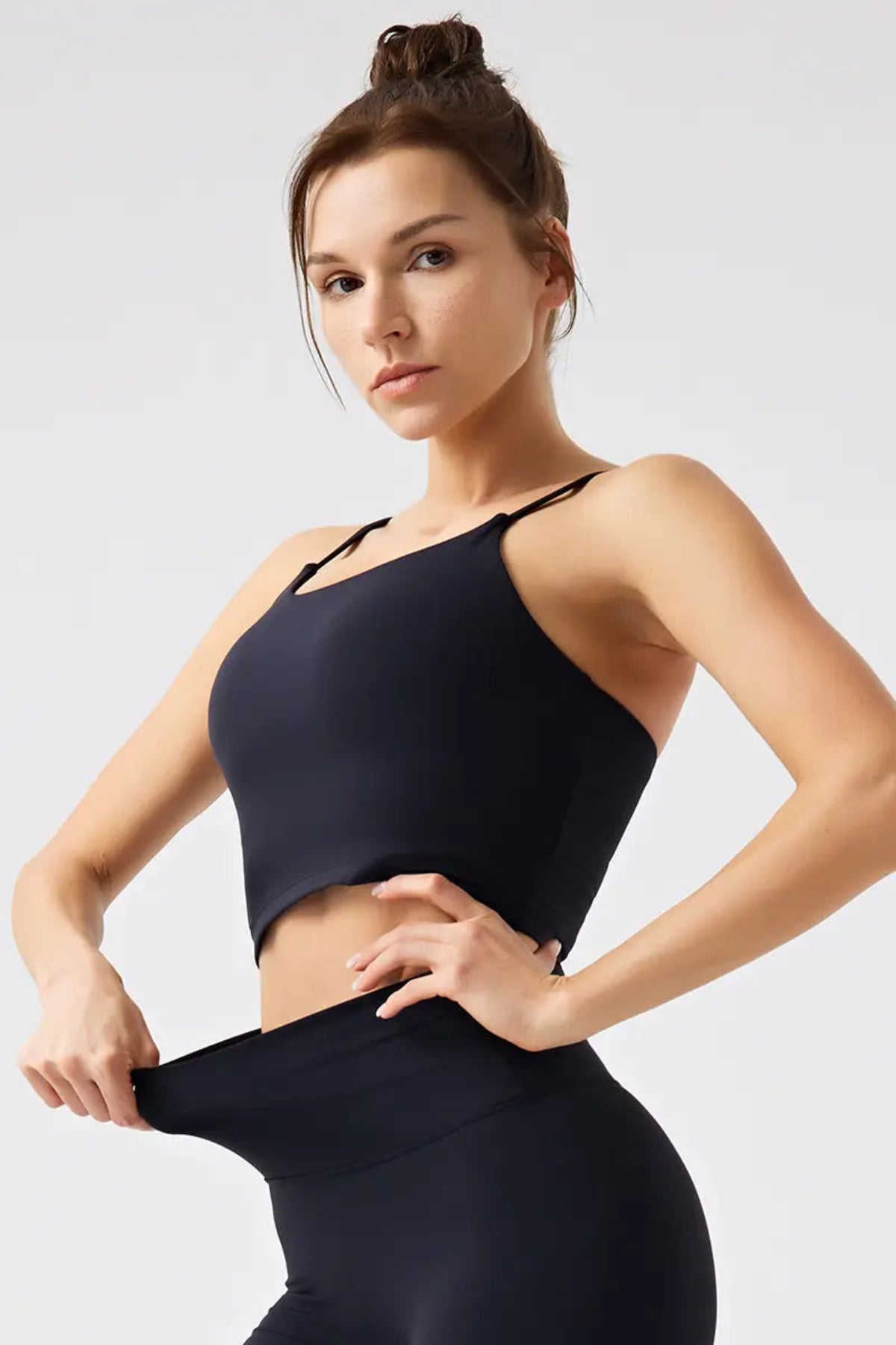 Eco-Friendly Women's Thin-Strap Sports Tank Top Black close-up on the left front