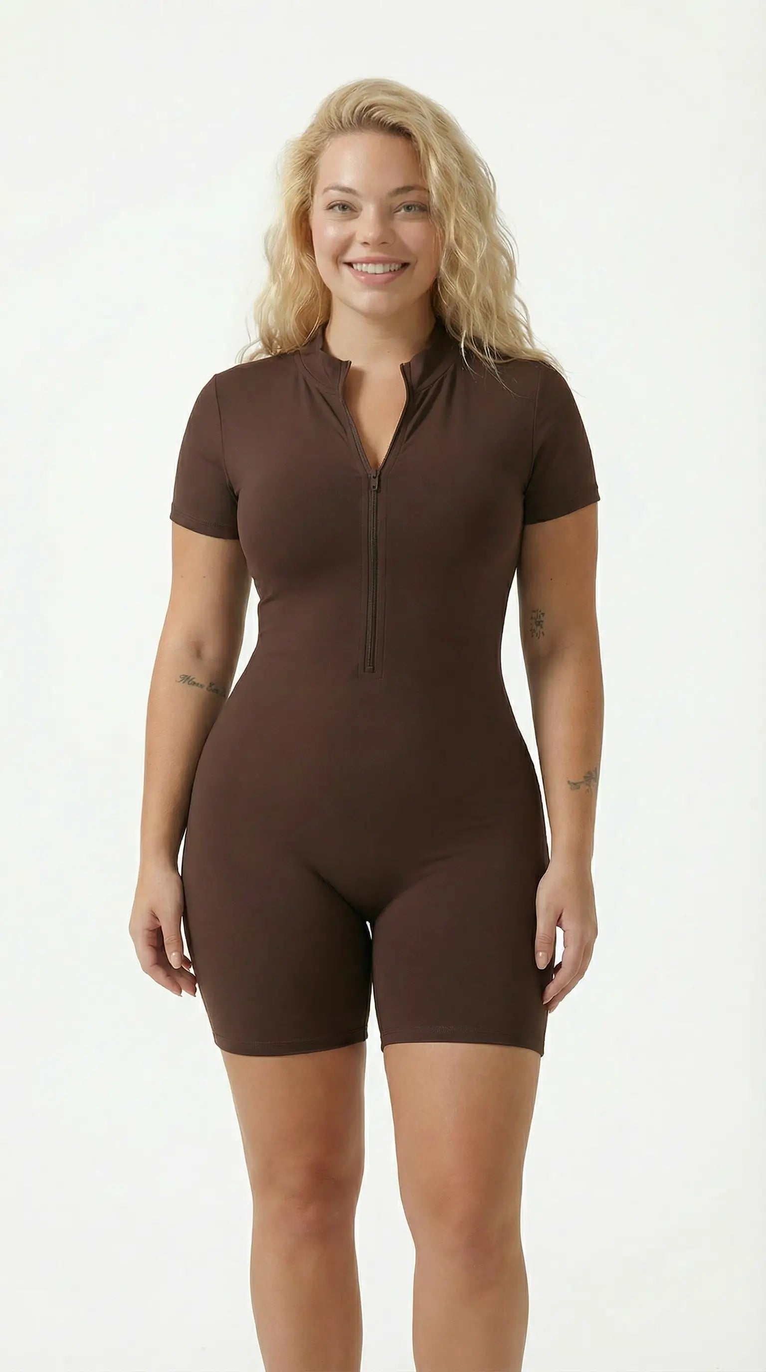 Women's Half-Zip Workout Jumpsuit Brown Full body front view