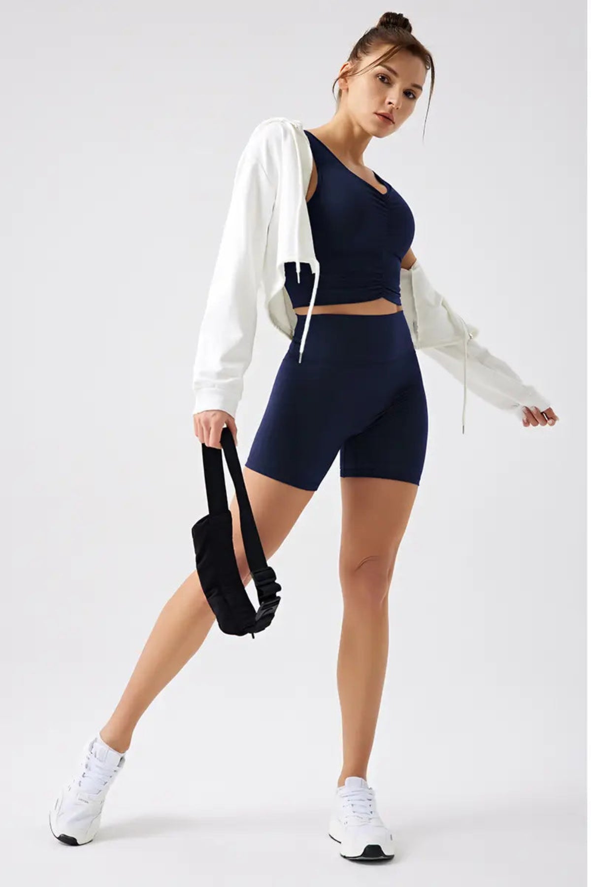Eco-Friendly High-Waist Basic Women's Workout Shorts Maritime Blue close-up on the right front