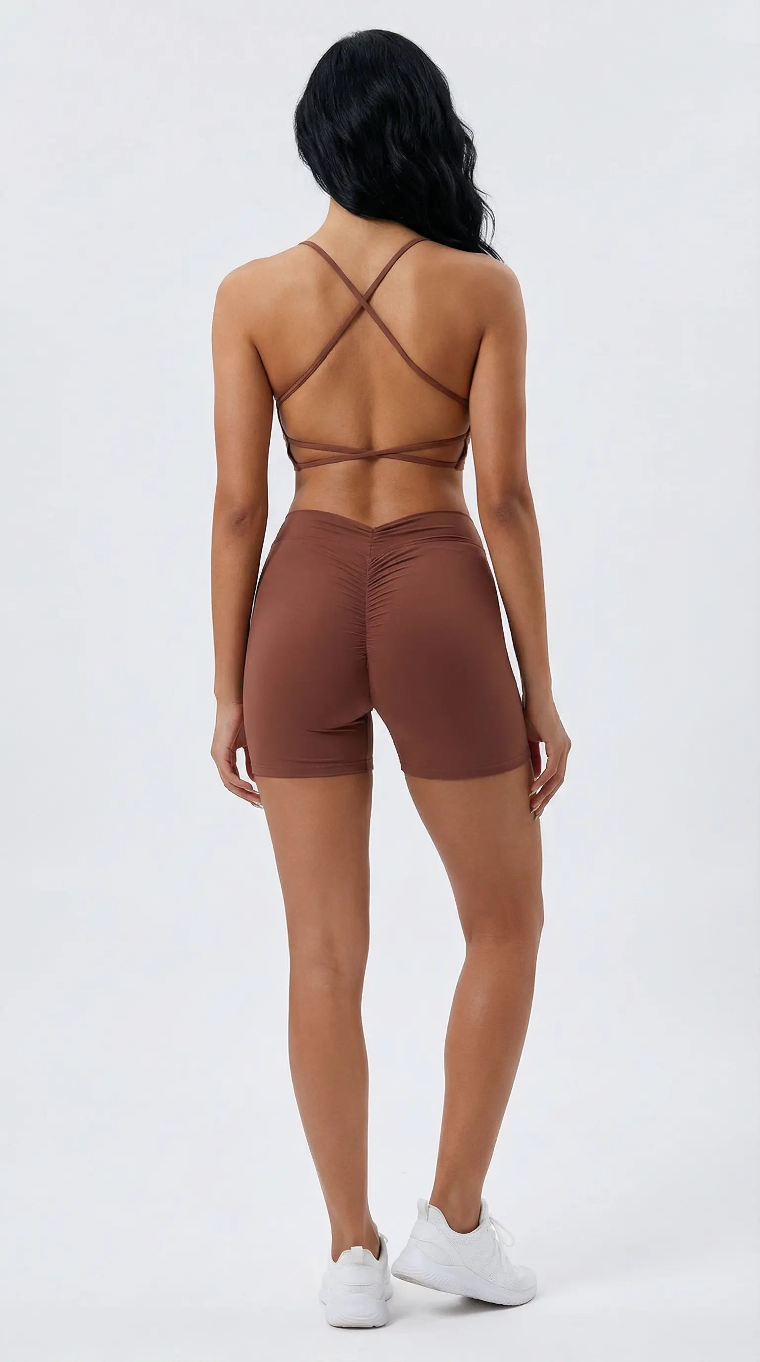 Eco-friendly Women’s Brown V-Waist Butt-Lifting Sports Shorts Full outfit display from the back