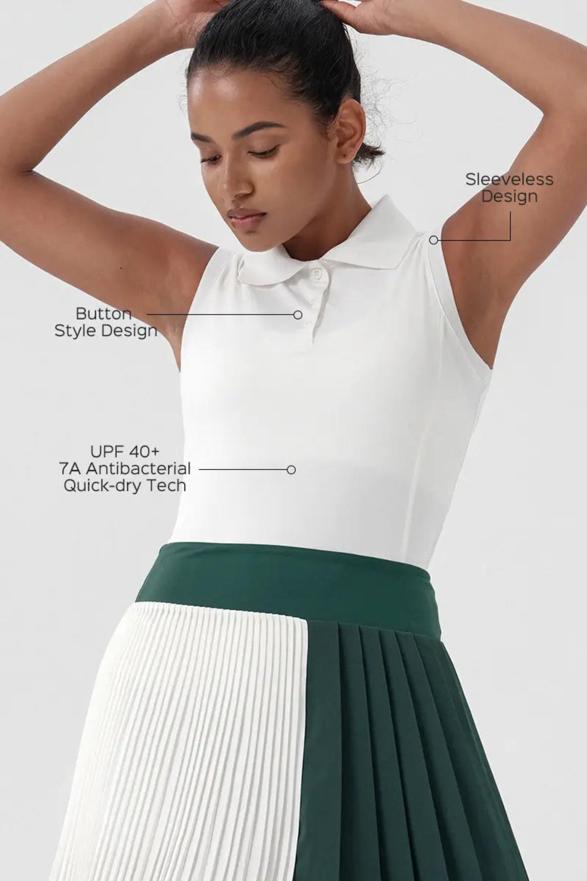 Sleeveless Golf & Tennis Polo shirt Women's White Sleeveless Design, Button Style Design, UPF 40+ 7A Antibacterial Quick-dry Tech