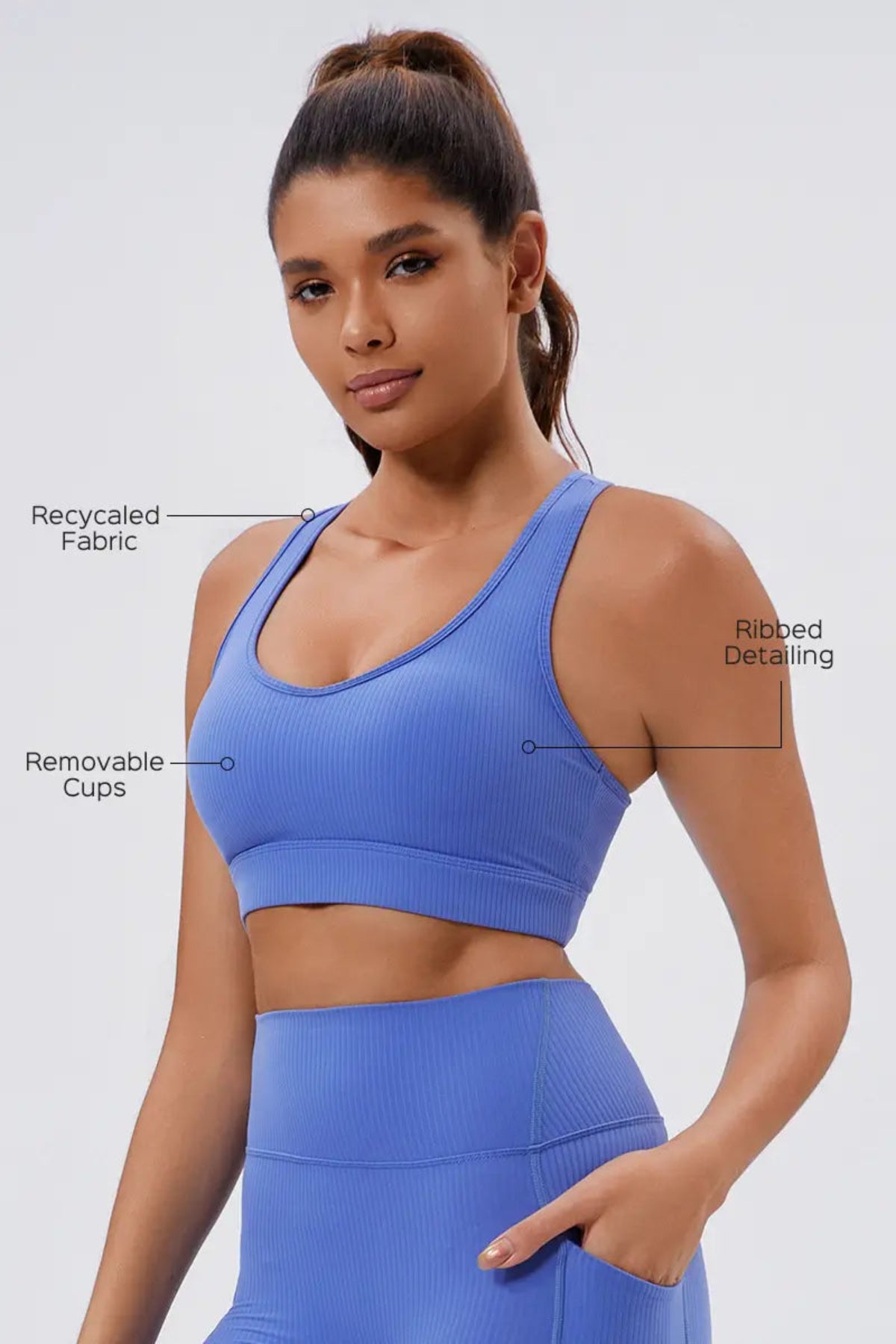 Eco-Friendly Crisscross Back women's gym Bra Slate Blue Feature Introduction, Recycaled Fabric,Ribbed Detailing, Removable Cups