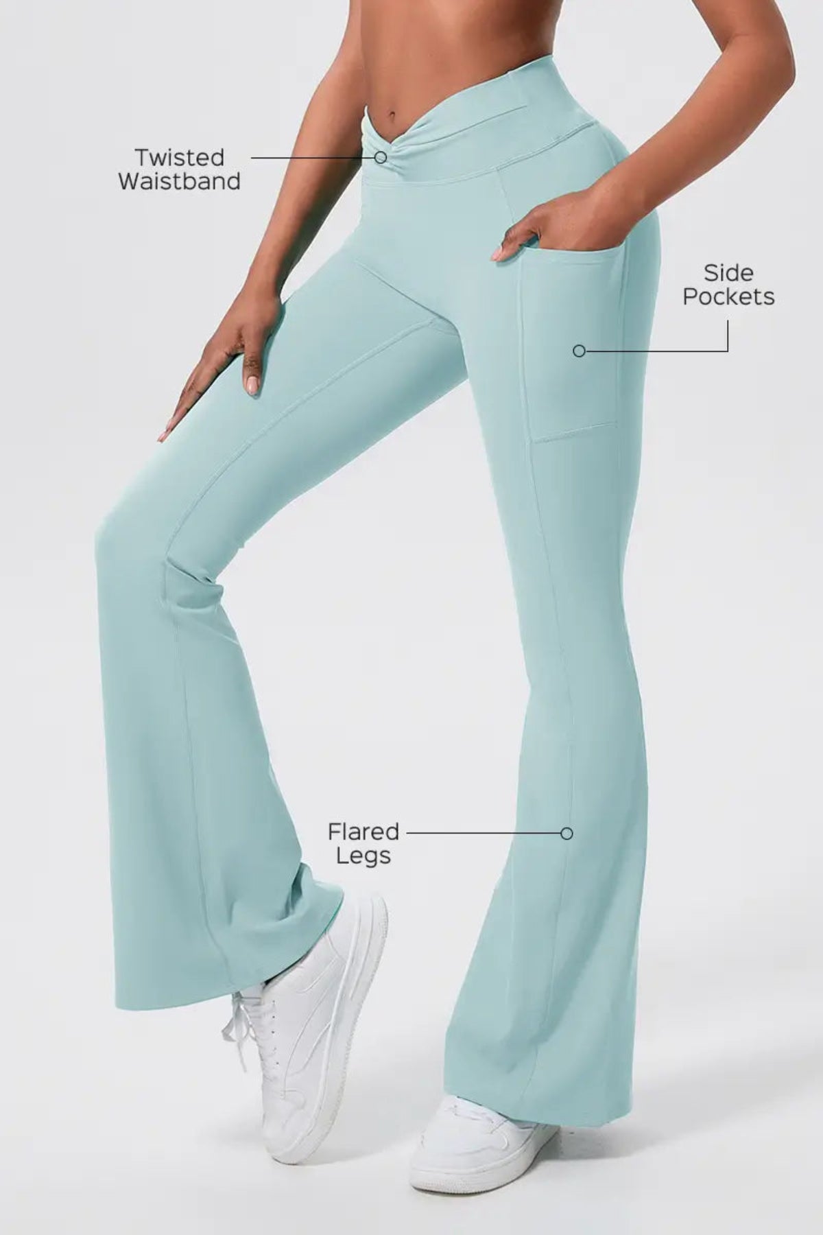 Dopamine Women’s Crisscross Flared Pants Hazy Blue Twisted Waistband, Side Pockets, Flared Legs