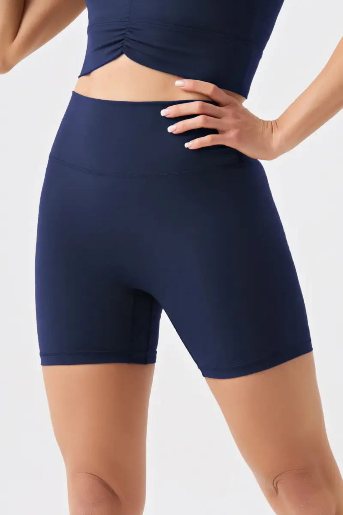 Eco-Friendly High-Waist Basic Women's Workout Shorts Maritime Blue close-up from the front