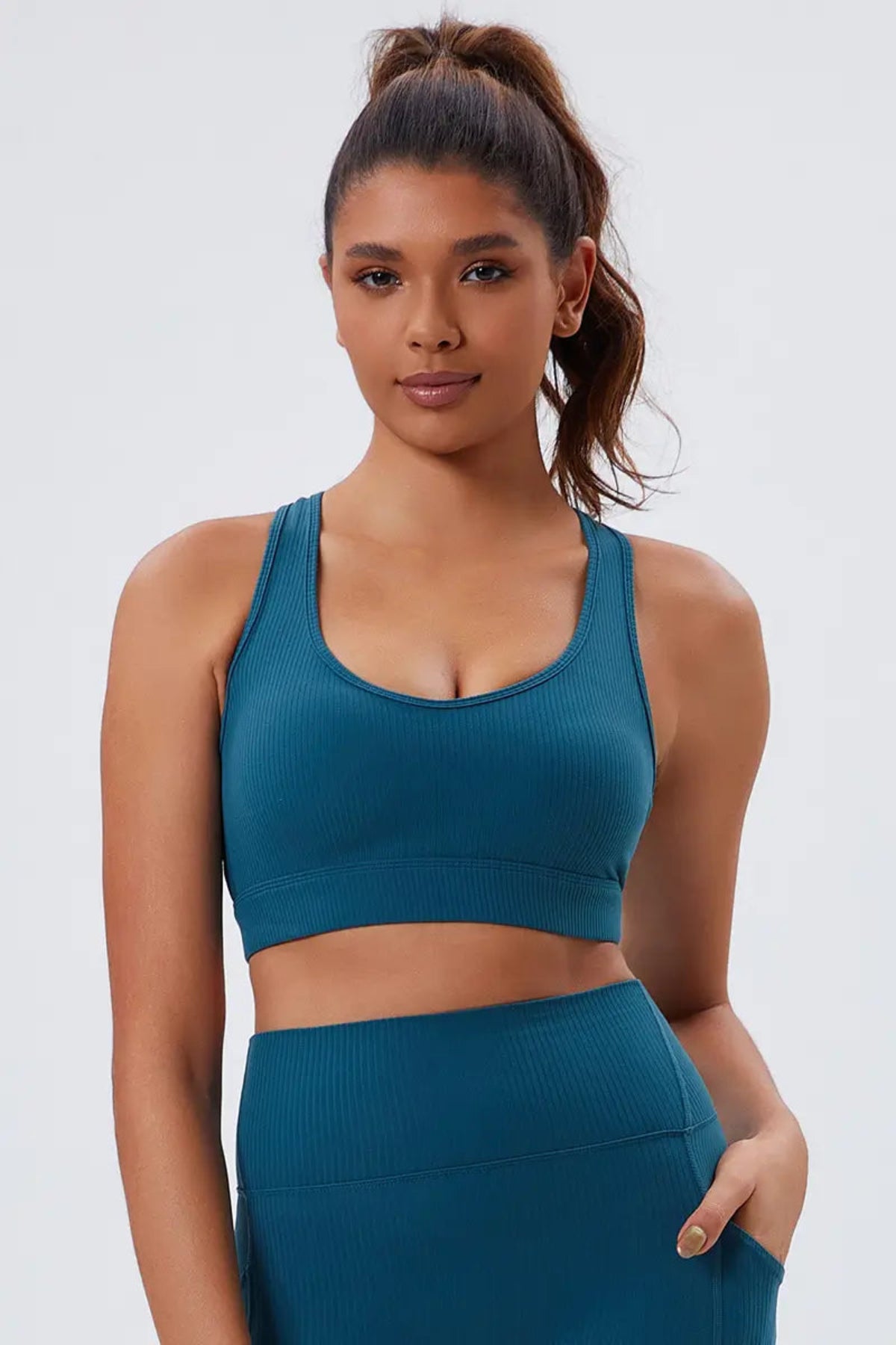 Eco-Friendly Crisscross Back women's gym Bra Navy Blue close-up from the front