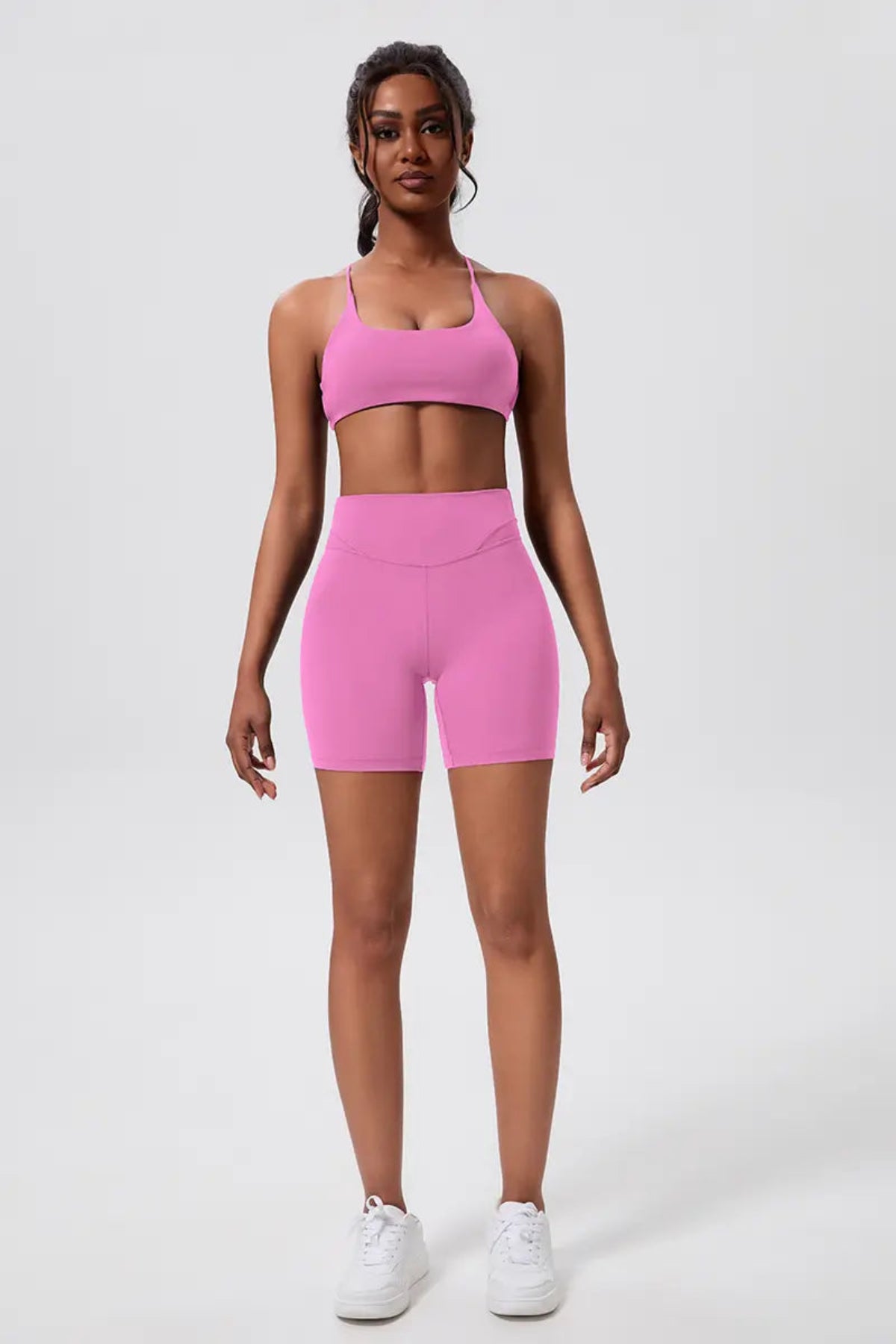 Women’s High-Waisted Pocket Sports Shorts Pants Pink Front full body outfit display