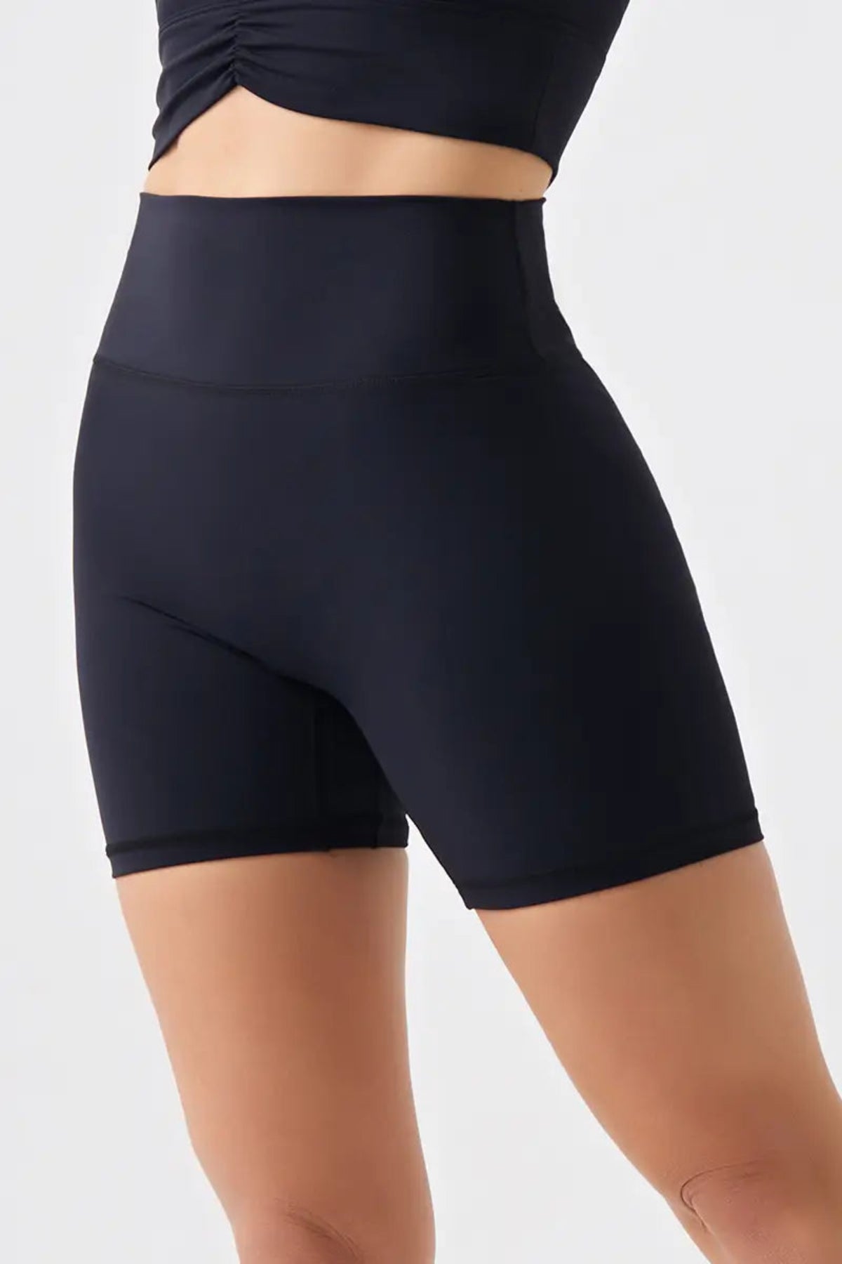 Eco-Friendly High-Waist Basic Women's Workout Shorts Black waist close-up