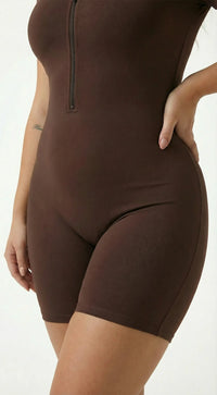 Women's Half-Zip Workout Jumpsuit Brown Waist close-up and Pants leg close-up